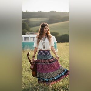 Dressbarn Boho Tiered Maxi Skirt Large 100% Cotton Patchwork Floral Mixed Print